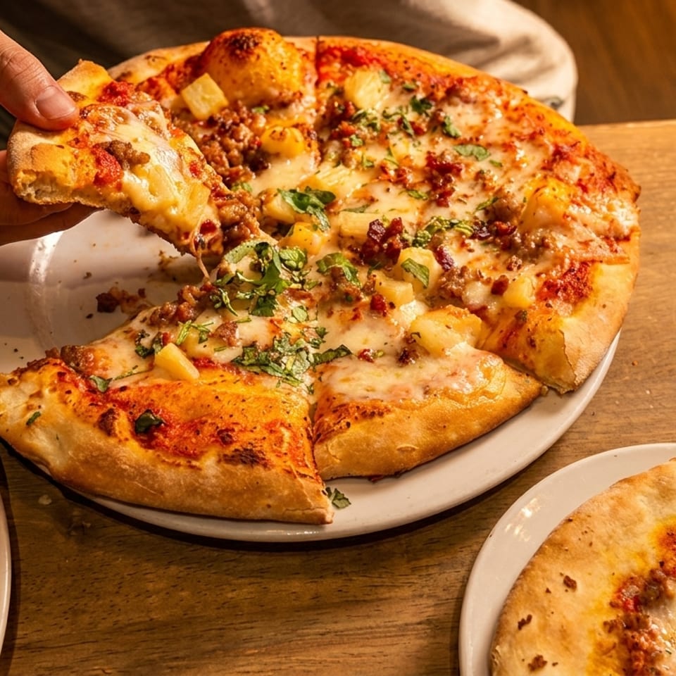 A hand takes a slice of a pineapple and sausage pizza from a white plate on a wooden table.