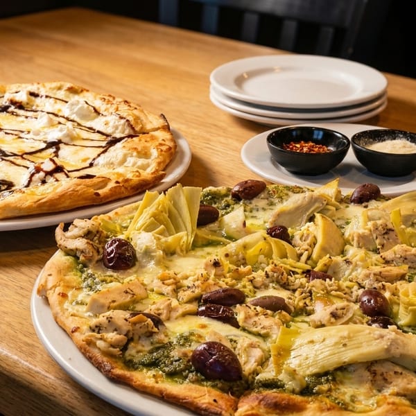 Two pizzas on a wooden table, one with pesto, chicken, olives, and artichokes, the other with cheese and balsamic glaze.