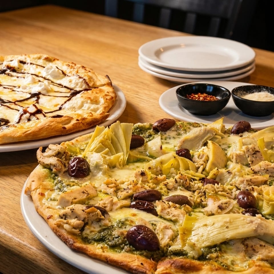 Two pizzas on a wooden table, one with pesto, chicken, olives, and artichokes, the other with cheese and balsamic glaze.