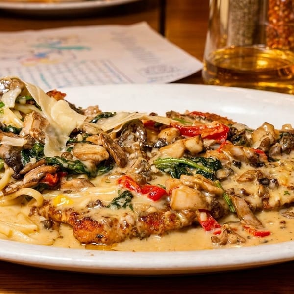 Chicken and pasta dish with creamy mushroom sauce, spinach, and red peppers on a white plate.