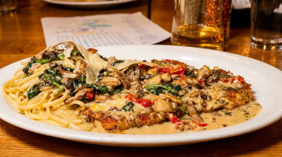 Chicken and pasta dish with creamy mushroom sauce, spinach, and red peppers on a white plate.