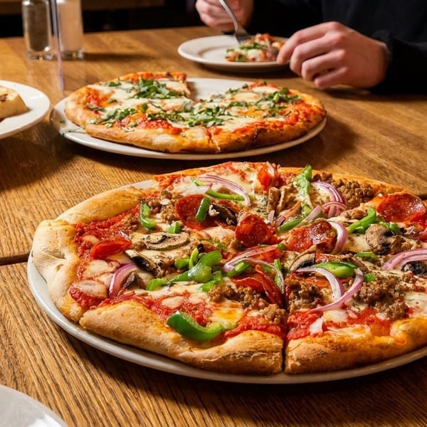 People sharing pizzas and spaghetti with garlic bread on a rustic wooden table.