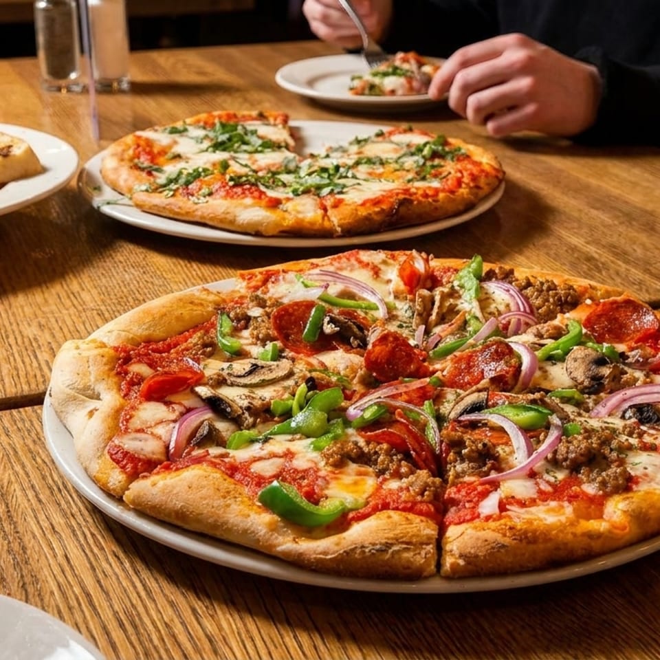 People sharing pizzas and spaghetti with garlic bread on a rustic wooden table.